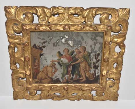 Antique Painted Mirror in Ornate Gold Frame Angels: 15" X 13" see photo for Damage