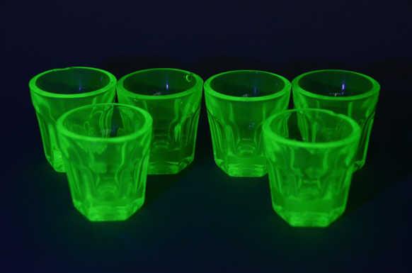 6 Vaseline Glass Shot Glasses: 2" H
