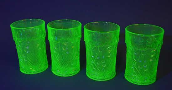 4 Vaseline Glass Tumblers: 4 1/2" H