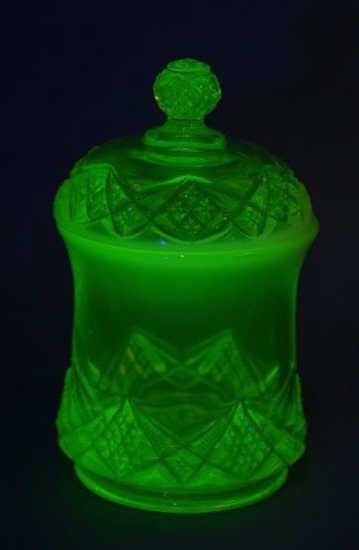 Vaseline Glass Lidded Candy Jar: 6 1/2" H