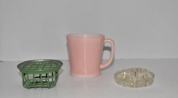 Fire King Pink Coffee Cup & 2 Flower Frogs: .