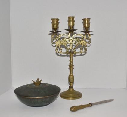 Powder Tin, Letter Opener and Brass Candelabra: .