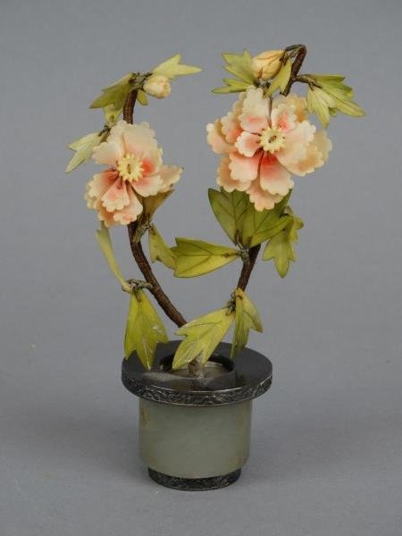 Polychromed Ivory Flowers in Jade & Silver Planter (1 of 6)