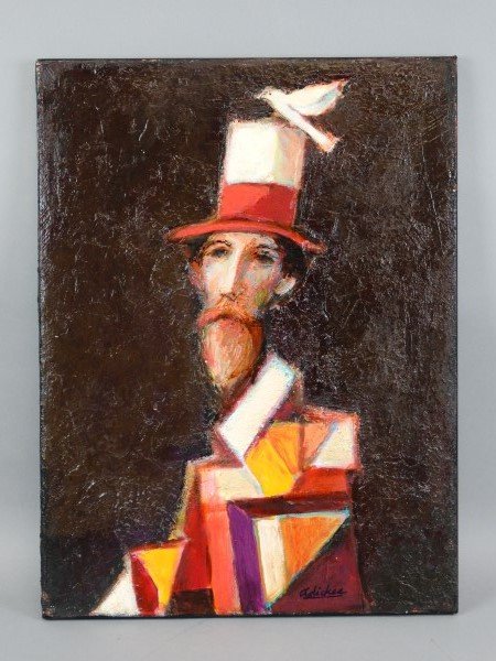 DAVID ADICKES - Oil on Canvas - Man w/Bird: Size: 20" x 15"