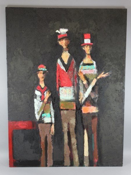 DAVID ADICKES - Oil on Canvas - 3 Figures w/Bird: Size: 42" x 31"
