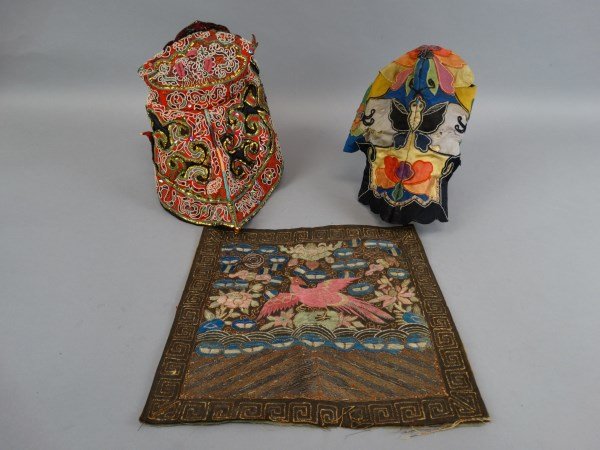 Lot of 3 Chinese Embroideries - 2 Hats, Rank Badge: Size : 11.5" x 11" on Rank Badge.