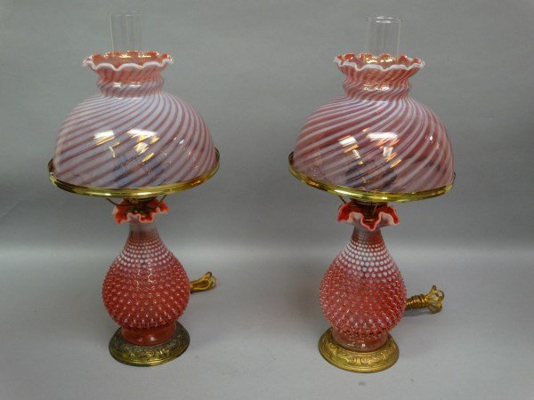 Pair of Fenton Cranberry Hobnail Lamps w/ Shades (1 of 5)