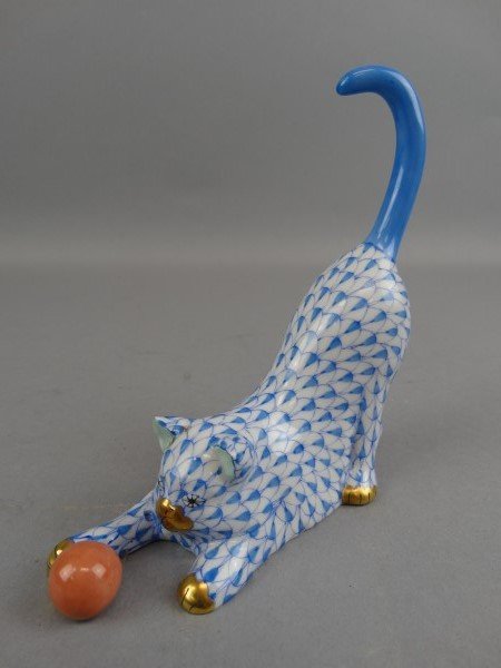 Herend Porcelain Cat with Ball w/ Blue Fishnet (1 of 4)