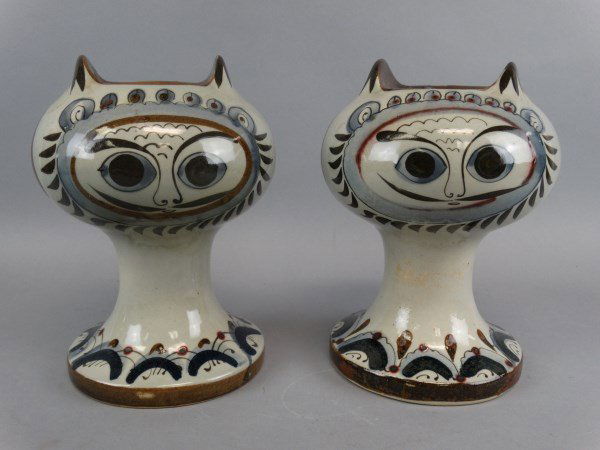 Pair of Tonala Stoneware Cat Candleholders: Pair of Tonala Stoneware Cat Candleholders, by artist Ken Edwards. Size: 9" H x 7.5" dia