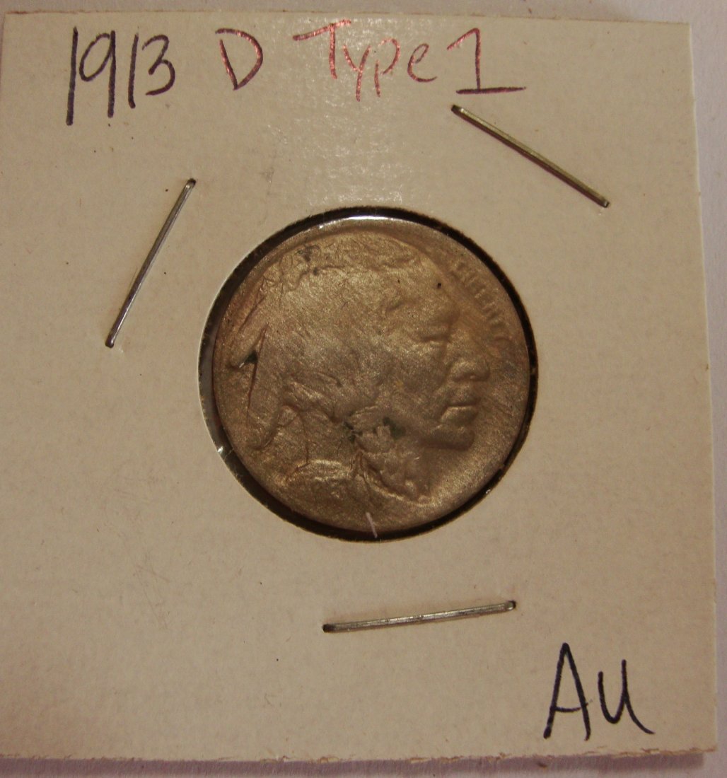 1913 D Type 1 Buffalo Nickel 5c AU (1 of 2)