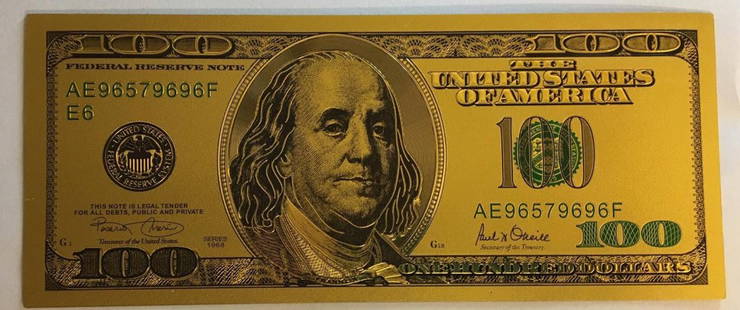 Gold Plated .999 24K $100 Bill: Not real currency. .9999k 24K Gold Plated