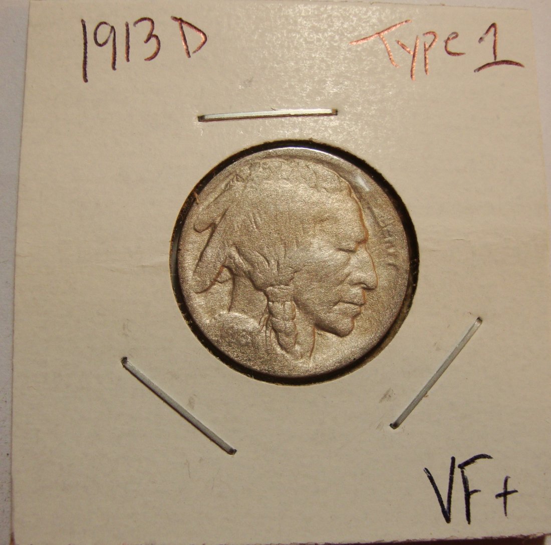 1913 D Type 1 Buffalo Nickel 5c VF+ (1 of 2)