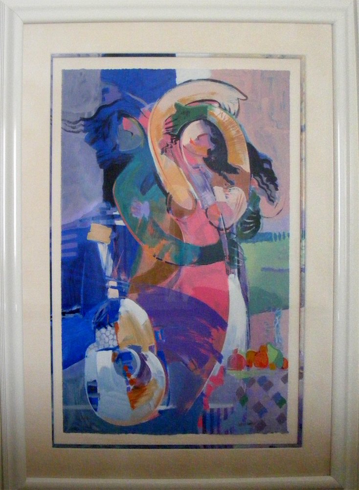 Hessam Time To Be Together Framed: Framed serigraph by Hessam Abrishami. The title is "Time to be Together". Year produced - 1993. Limited edition 248/395. Signed by the artist. Approximate frame dimensions: 61" h x 47" w. Print size a