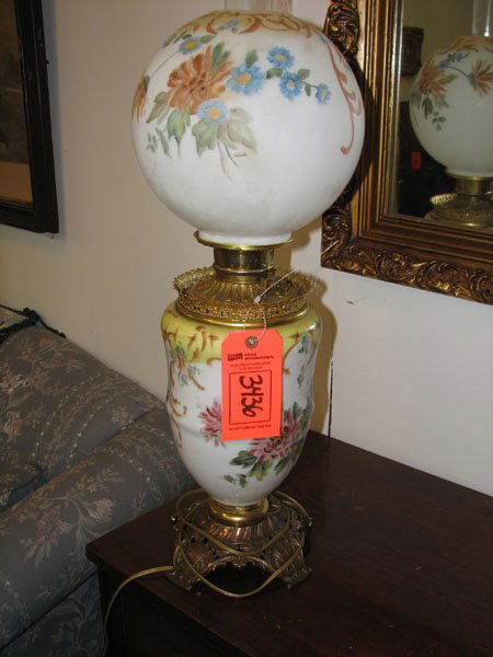 GONE WITH THE WIND" LAMP, HAND-PAINTED WITH ORIGI: GONE WITH THE WIND" LAMP, HAND-PAINTED WITH ORIGINAL GLOBE TOP, ELECTRIFIED - (28"T TO TOP OF CHIMNEY) (PINK/BLUE/YELLOW/GREEN). 1860'S-1880'S.