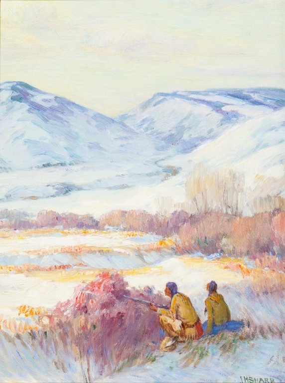 Joseph Henry Sharp (1859-1953) Stalking Game - Montana: Oil on canvas 15.5x11.5 inches Signed lower right: JH Sharp.One of the founders of the famous Taos Society of Artists, Joseph Sharp spent many years in Montana prior to settling in New Mexico. Sharp e
