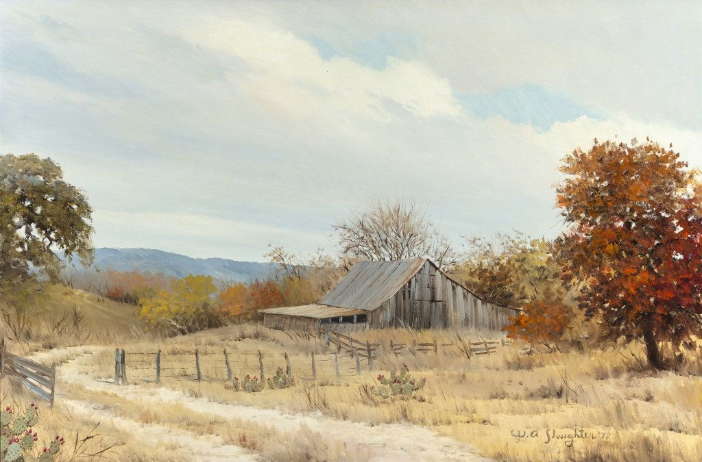 William Slaughter (1923-2003) Texas Hill Country Barn: Oil on canvas 24x36 inches Signed lower right: W.A. Slaughter '72