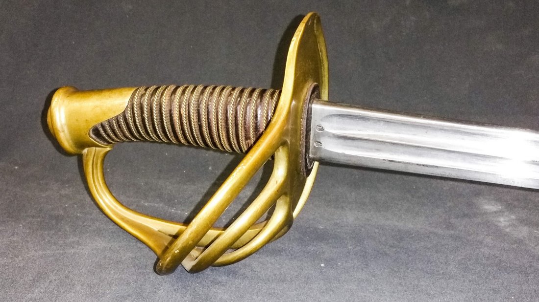French Cavalry Sword, Model 1854, Hilt & Scabbard: French Cavalry Sword, Model 1854, Hilt & Scabbard Numbers Match....Heavy Cavalry Trooper Style sword, French model 1854. Marked with a manufacture date of August, 1863 in Cateulleraut. The hilt with f