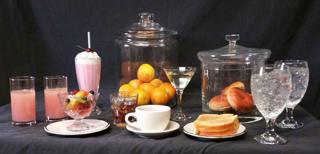 Vintage Display Food Items: Found in the Nevele a large quantity of display foods including Coffee pot and cup of coffee, fruit cup, grilled cheese, cakes and pies (3), martinis (2), floats(2), water with ice (2), and more (see