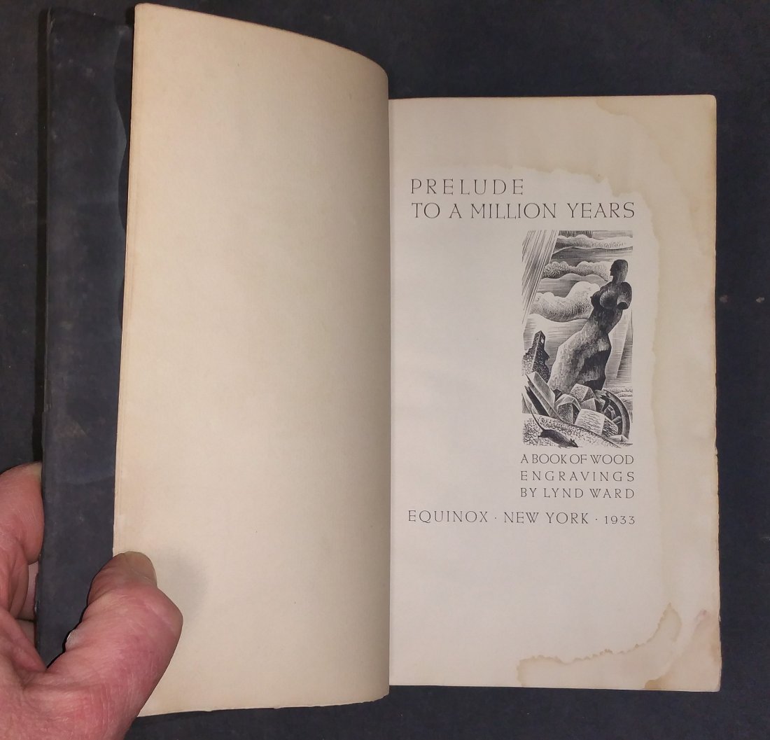 Prelude to a Million Years Wood Engravings Signed: Prelude to a Million Years: A Book of Wood Engravings by Lynd Ward- Signed. Book of Woodcut Engravings depicting stylized views of life in a depression era urban world. This copy is No. 64 of an editi