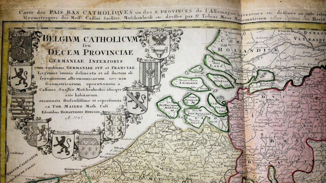 Rare 1747 Map Belgium by Edentibus Homannianis Heredib: Rare 1747 Map of Belgium by Edentibus Homannianis Heredib. Well preserved color accented map of Catholic Belgium with Ten Provinces of Lower Germany made for an Atlas collection in 1747. The detailed 