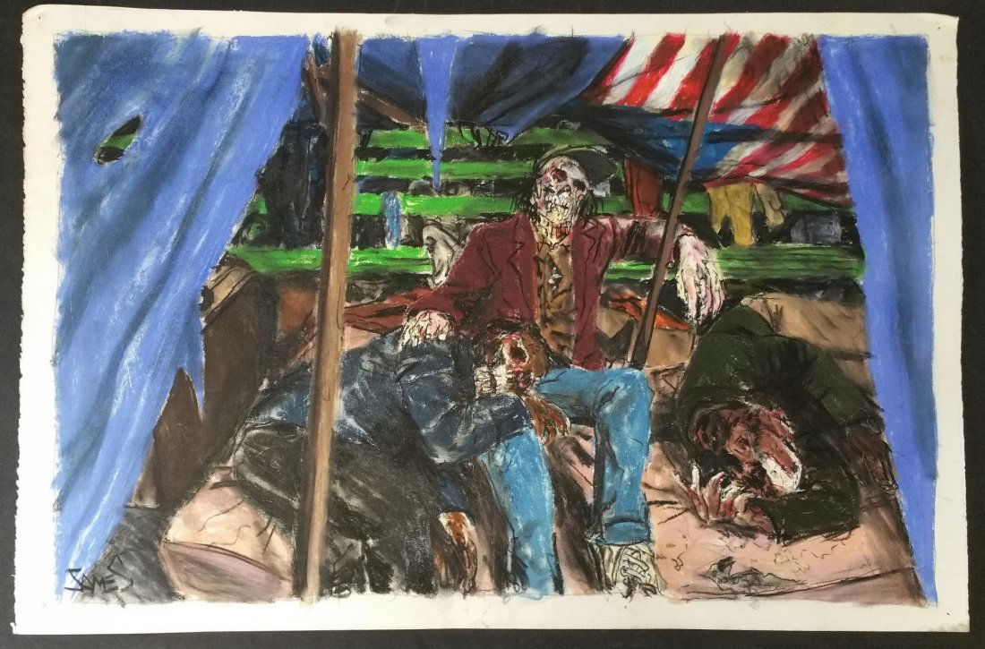 The Rentless by James Romberger - Authenticated: Pastel on art paper signed “JAMES” in the lower left corner. James Romberger informed us the title of the piece is The Rentless. Done on art paper and measuring 30 inches by 21 inches. From the ar