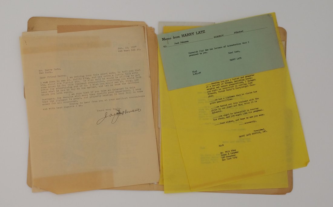 Jack Johnson’s File-Signed Letter, Original Documents: Jack Johnson’s Managers File including signed Johnson letter, Johnson Western Union Telegram, Testimony of throwing the fight in 1915, and other material.