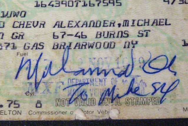 Ali, Brown, Frazier Signatures Authenticated NYS Reg: 1080* NY Registration signed by Muhammad Ali on the front, Jim Brown, Walt Frazier, and Earl Cambell verso. Ali, Brown, and Frazier signatures authenticated. All signed in blue ballpoint pen. Registra