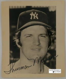 Thurman Munson Autographed 4 x 5 circa 1969: Thurman Munson Autographed 4 x 5 circa 1969Clearly signed in black felt tip marker across the shoulder and neck area of a black and white headshot. The image depicts Munson without facial hair, circa