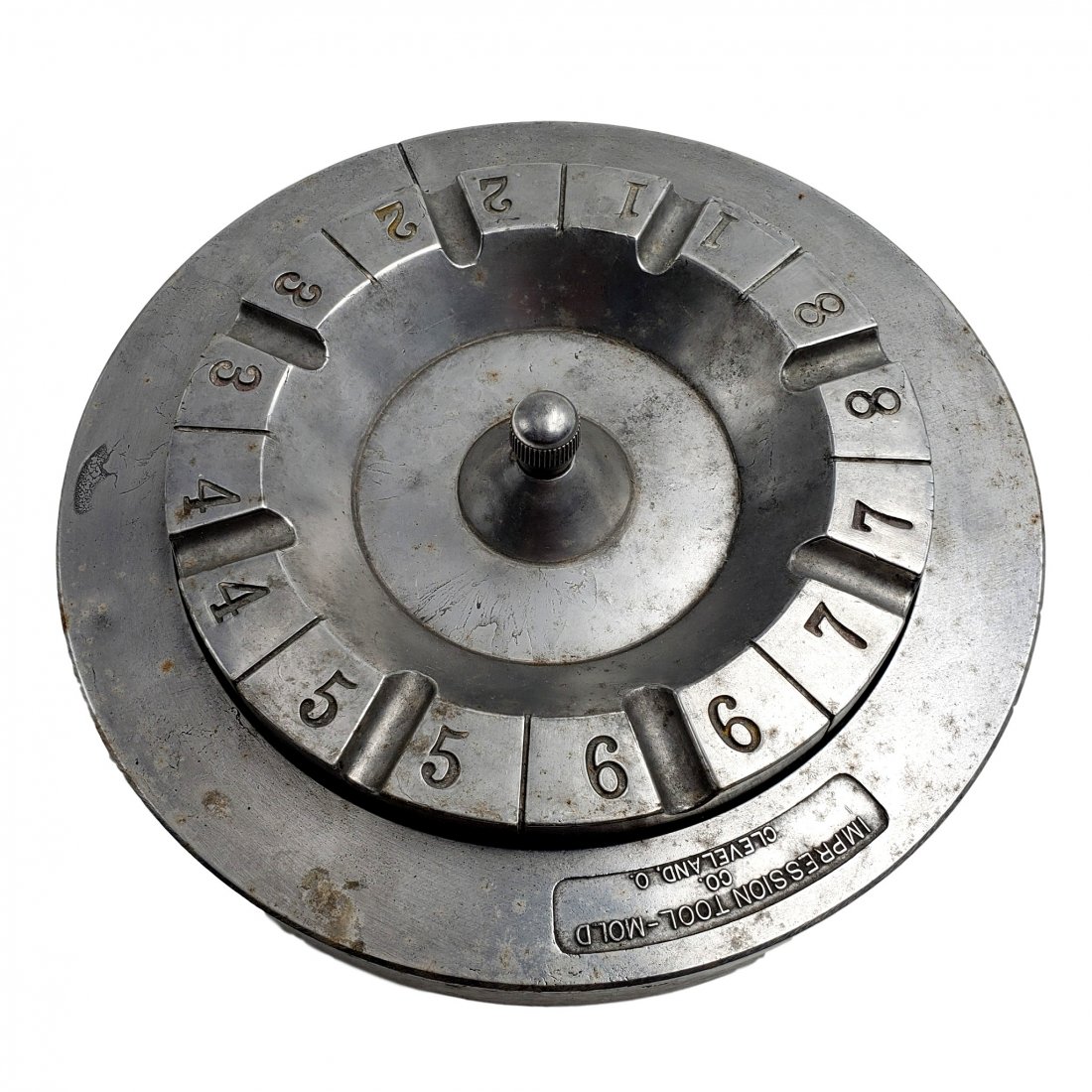 Vtg Moving Roulette Wheel Advertising Ashtray: Vintage Impression Tool Mold Co. Cleveland O Moving Roulette Wheel Advertising Ashtray. Light storage patina, spots of mild surface rust.