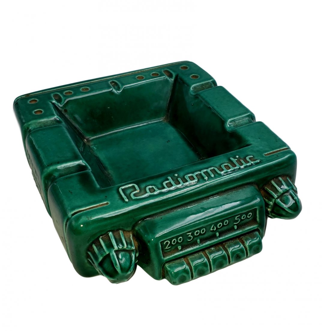 Vintage Grandin Radio Television Radiometric Ashtray: Vintage Grandin Radio Television Radiometric Ceramic Ashtray. Molded ceramic with green glaze. Marked on back Radiomatic “ Le Leader De L’Auto -Radio” and marked on each side “ Grandin Radio T