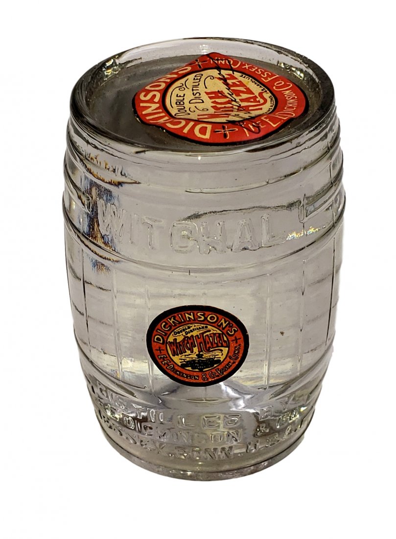Vtg Glass Barrel Witch Hazel Advertising Paperweight: Vintage Glass Barrel Dickson’s Witch Hazel Advertising Paperweight. Two original vintage labels still attached and in very good vintage condition. No chips, cracks, or issues with glass noted. Size: