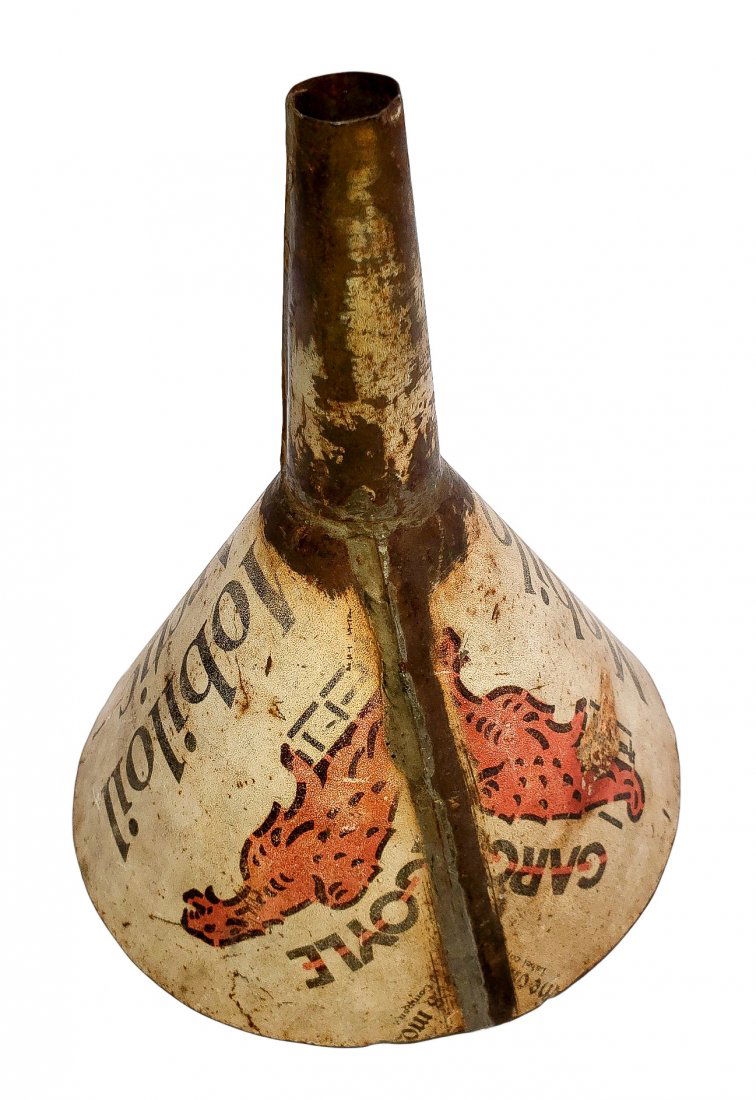 Vintage Mobil Gargoyle Can Funnel: Vintage Mobil Gargoyle Can Funnel. Mobiloil Arctic sign / can advertising formed into a large funnel. Great vintage graphics with an authentic patina of use and age. Condition: Light surface rust, fun
