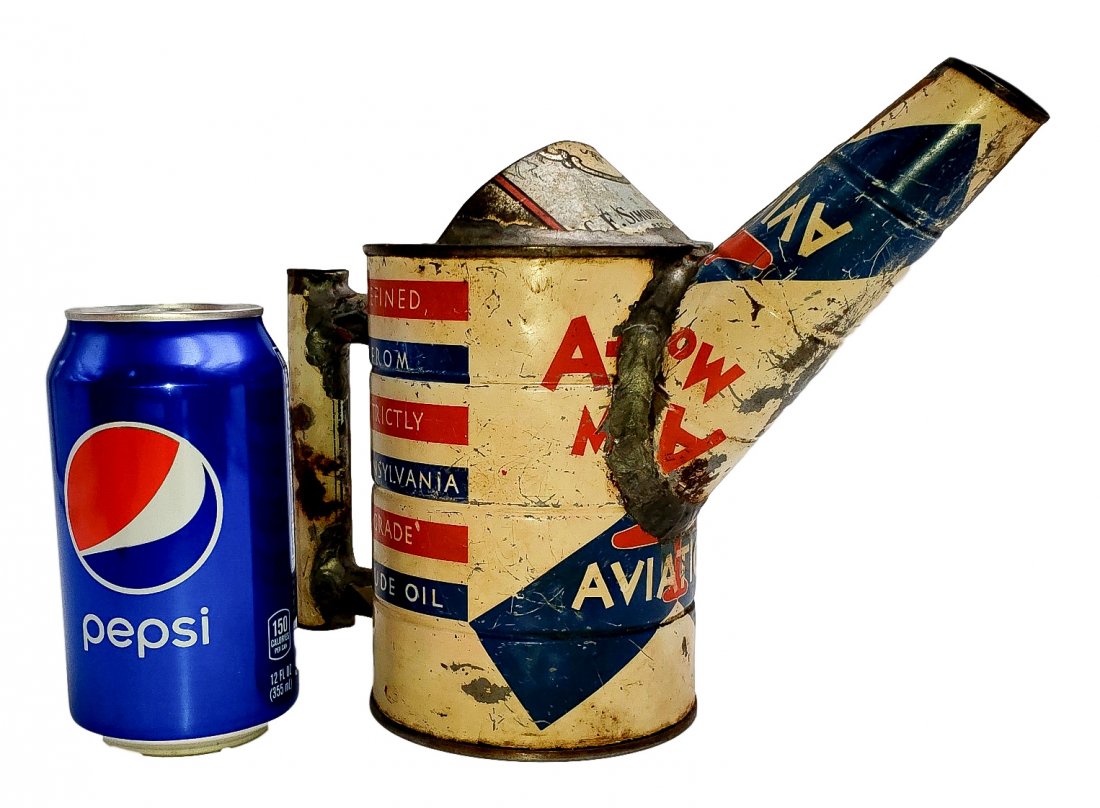 Early Atlantic Refining Co. Oil Can Pourer: Vintage Atlantic Refining Co. Oil Can Pourer. Red, white, and blue aviation oil graphics. Great vintage item with an authentic patina of use and age. Condition: Light surface rust, handle and spout ar