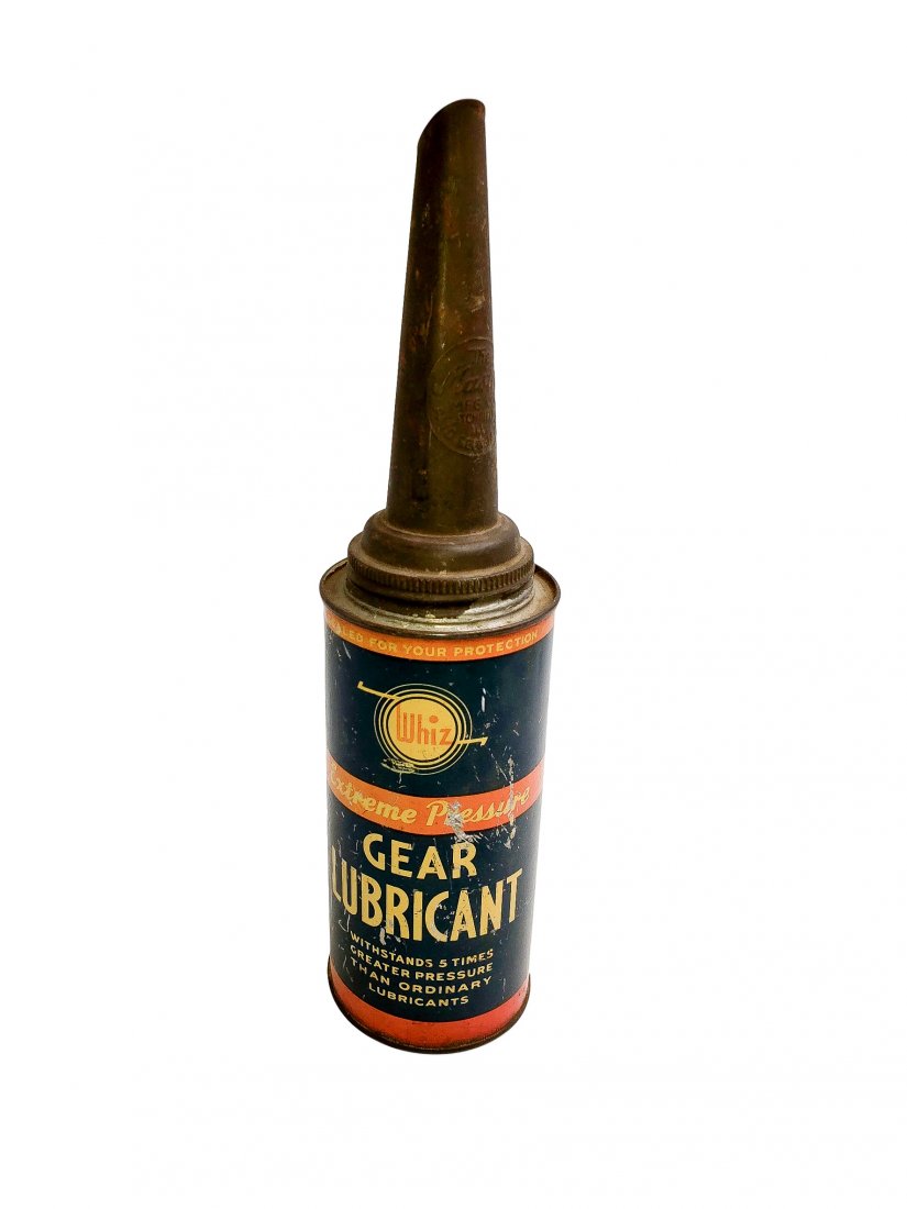 Hollingshead Whiz Gear Lubricant Funnel Can: Vintage Whiz Gear Lubricant Funnel Can. Spout affix to wiz Gear Lube can and bottom end removed to form a funnel, patina of use, very light surface rust. Size: 14 inches high x 3.5 in diameter wide at