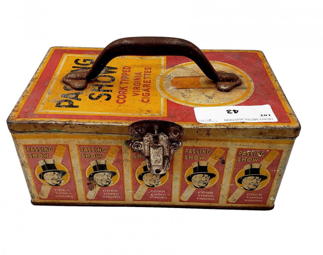 Vintage Passing Show Metal Cigarette Box Circa 1930s: Vintage Passing Show Metal Cigarette Box Circa 1930s. Lunch box/storage lockbox formed with the addition of hardware handle and latch to existing Passing Show Cork Tipped Virginia tin. Overall aged wi