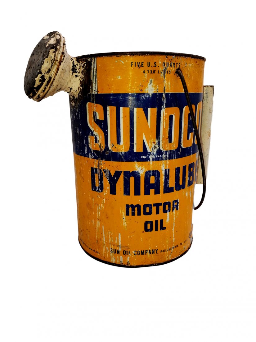 Sunoco Sun Dyna Lube 5 qt Watering Can Circa 1946: Sun Oil Company (SUNOCO) large can Circa 1946 design- Sprinkling Water Can.5 quart vintage Sun Oil Dyna Lube can formed with the addition of a metal sprinkle spout, strap metal, and other found parts 