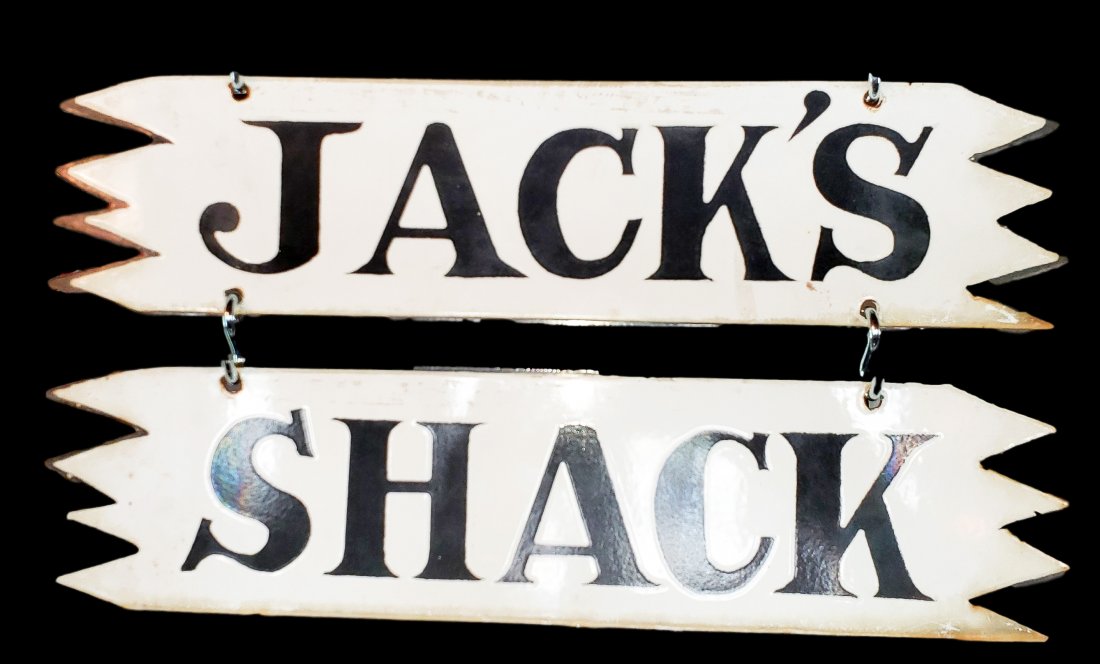 Jack's Shack Enameled Hanging - Metal Double Sided Sign: Jack's Shack Enameled Hanging - Metal Double Sided Sign. Fringe end double sided metal signs with white enamel base and black enamel text. Very fine vintage condition, a moderate patina of age/ displa