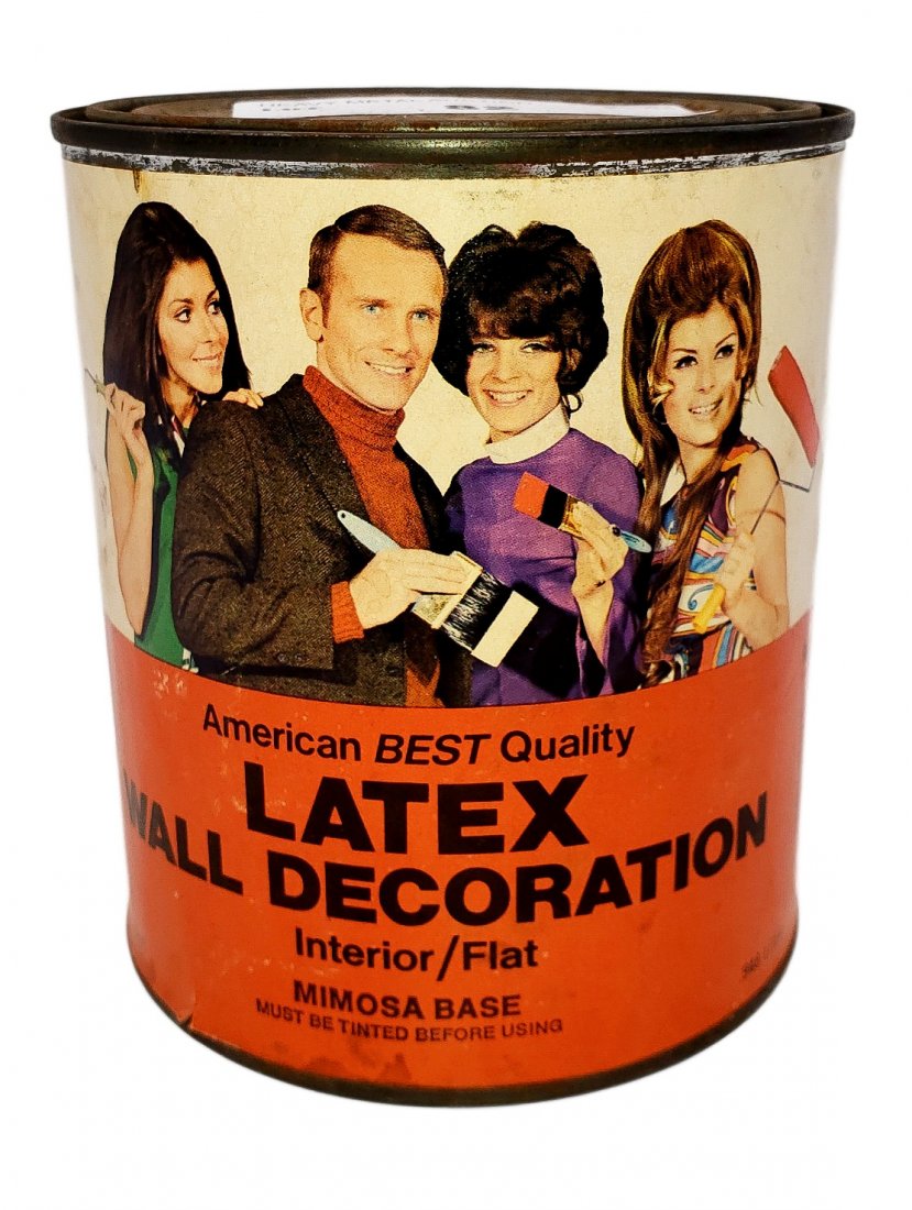 Mid Mod Label Paint Can - American Hardware Stores: Mid Mod Label Paint Can - Sears, American Hardware Stores Latex Paint. Quart size can with product intact, paper label in very good vintage condition. Size: 5 inches high x 4.25 inch diameter.