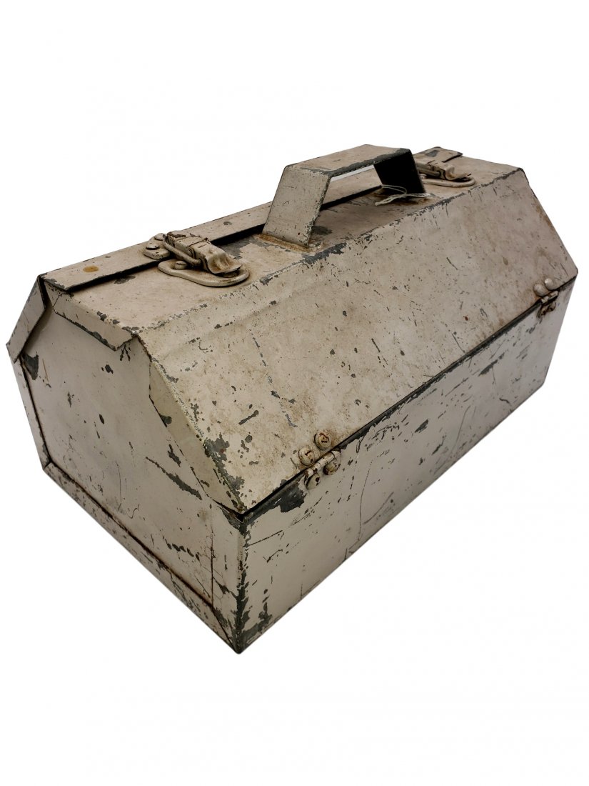 Galvanized Metal Hinged Tool Box, Peaked Top: Galvanized Metal Hinged Lid box- Peaked Top Box - Hand Crafted. Hand welded latched box with heavy gauge hinges and hardware, Sheet metal handle. Painted Grey/taupe. Age is shown through wear and pati
