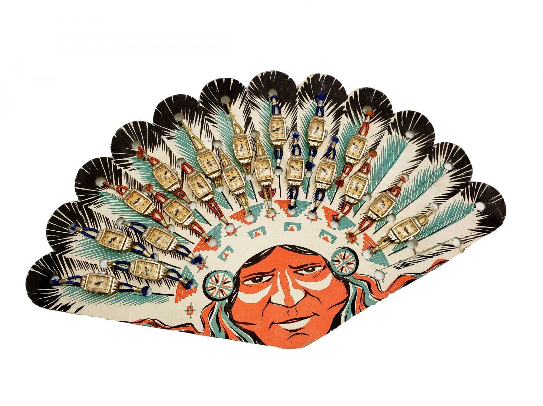 Native American Cardboard Watch Display with Watches: Dime Store - Point of Sale Watch Display - Native American. Dime store style post war watches display with 20 rectangle face and 10 round face watches. All marked Denis. Card marked Saint Nicolas Note