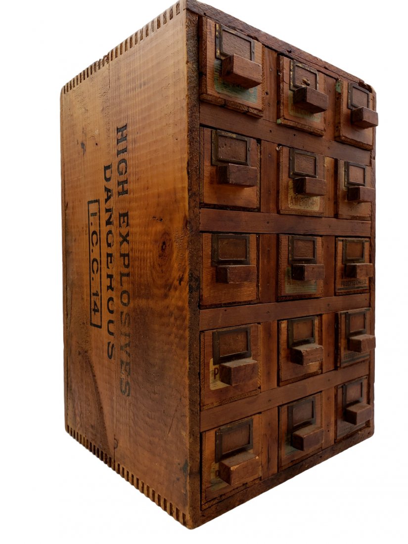 Explosives Crate with wood drawers from Cheese Boxes: Explosives Crate with wood drawers from Cheese Boxes. Functional Vintage Advertising. Union Explosives Company wood Shipping/Storage Crate made into a 15 drawer cabinet with the addition of A& P Melt 