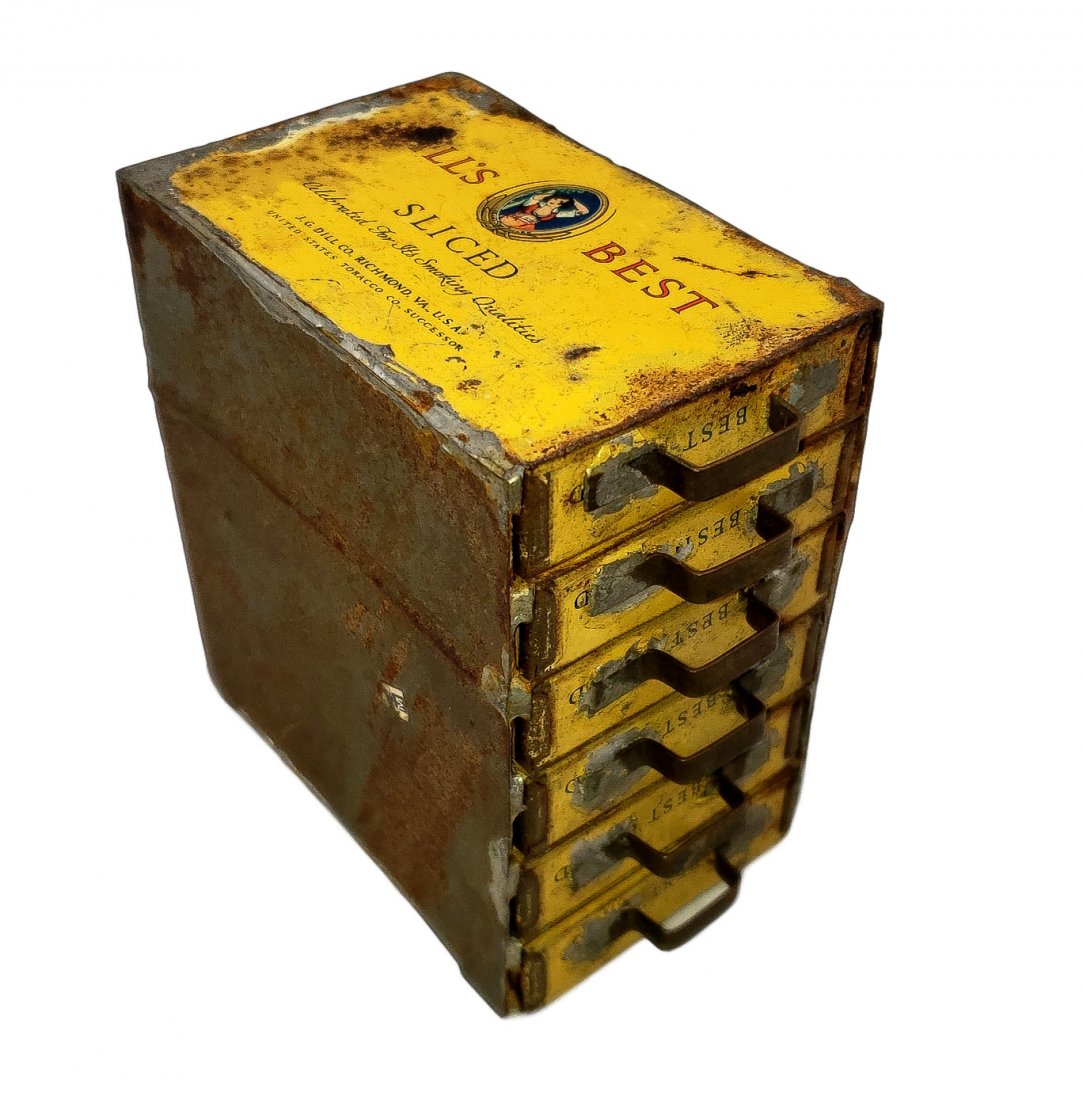 Dill's Best Tobacco Six Drawer Tin Petite Cabinet: Six Drawer Tin Functional Art - Dill's Best Tobacco Petite Cabinet-Functional Tramp Art. Six drawers and cabinet formed from Dill's Best Sliced tobacco tins. Surface rust and storage patina noted. Siz