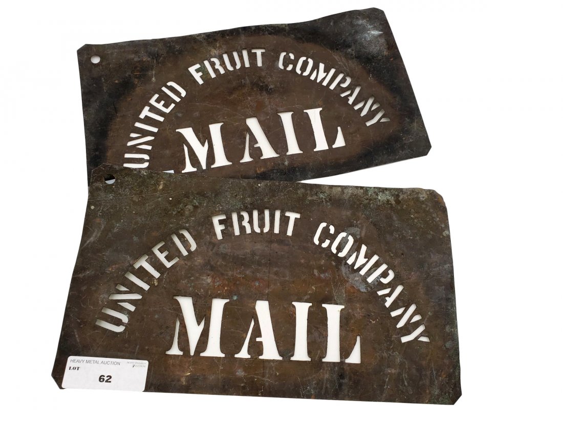 Pair of Brass Mail Bag Stencils - United Fruit Company: Pair of Brass Stencils - United Fruit Company. Well aged with a patina of use, evidence of wear, brass stencils for marking of mailbag, and containers used by the United Fruit Company. Size : 8 x 14 i