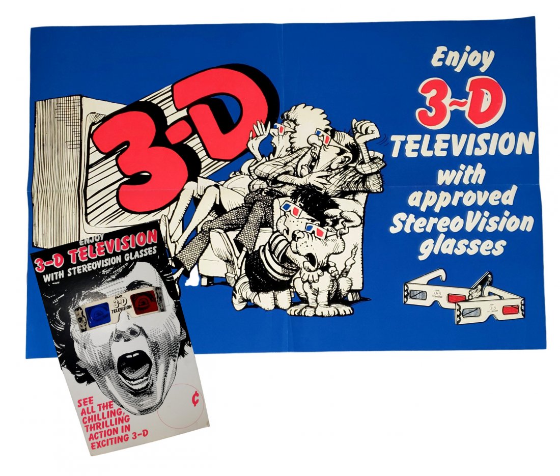 3D TV - Glasses, Point of Sale display and Poster 3 pc: 3D TV - Glasses, Point of Sale display, and Poster ( 3 pieces). Countertop cardboard stand up with red/blue lensed 3-D glasses, and advertising poster - all pieces are in very good to fine vintage con