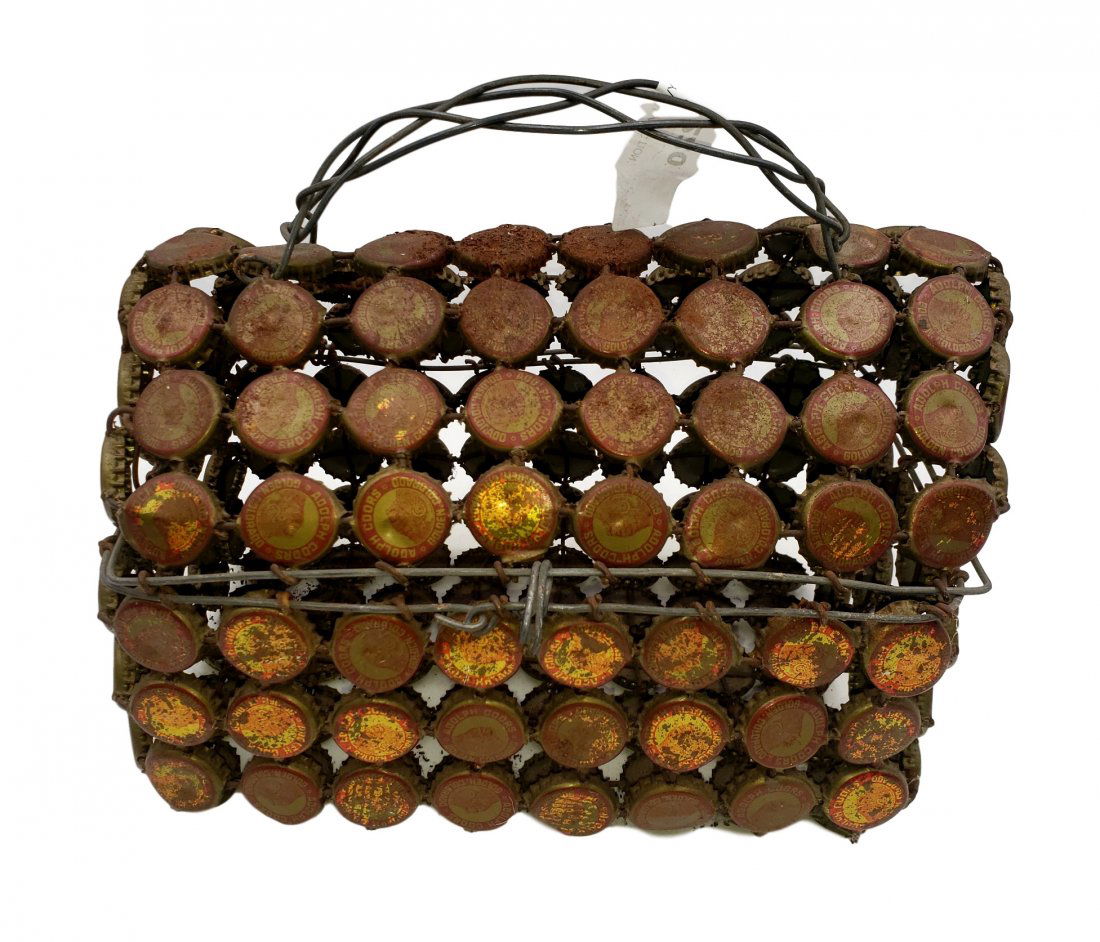 Functional Tin Art - Adolf Coors Bottle Caps Lunch Box: Functional Tin Art - Adolf Coors Bottle Caps Lunch Box. Wire structure latching " lunch box" with sides, bottom, and lid of beer bottle caps from vintage Adolf Coors Beer Bottle Caps. Surface rust and