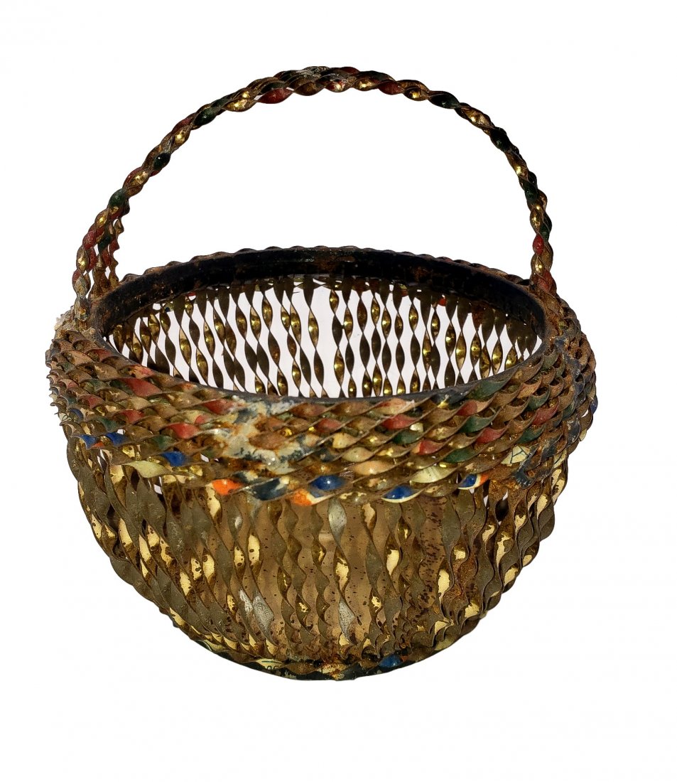 Twisted Tin Art Basket from Can: Functional Tin Art - Petite Twisted Metal Basket from a filleted can. Functional Tramp Art basket of twisted metal ribbons. Vintage age evidenced in the patina of age, tarnish, and areas of light surf