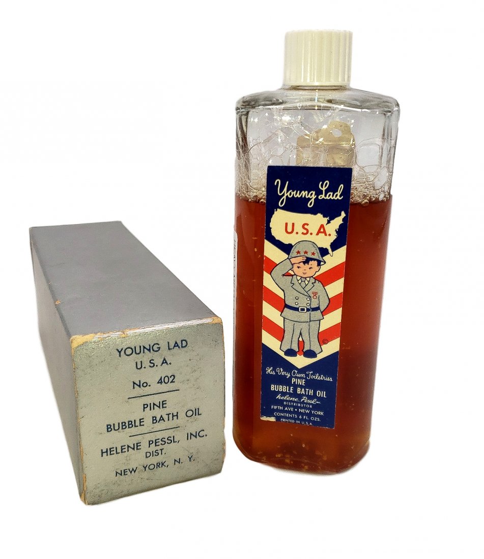 "Young Lad " with Little Boy Soldier Graphic in Box: Young Lad with Little Boy Soldier Graphic - Vintage Advertising with Product. Helene Pessl, Fifth Ave NY, Young Lad Pine Bubble Bath, circa 1940s glass bottle in original box with advertising insert. 