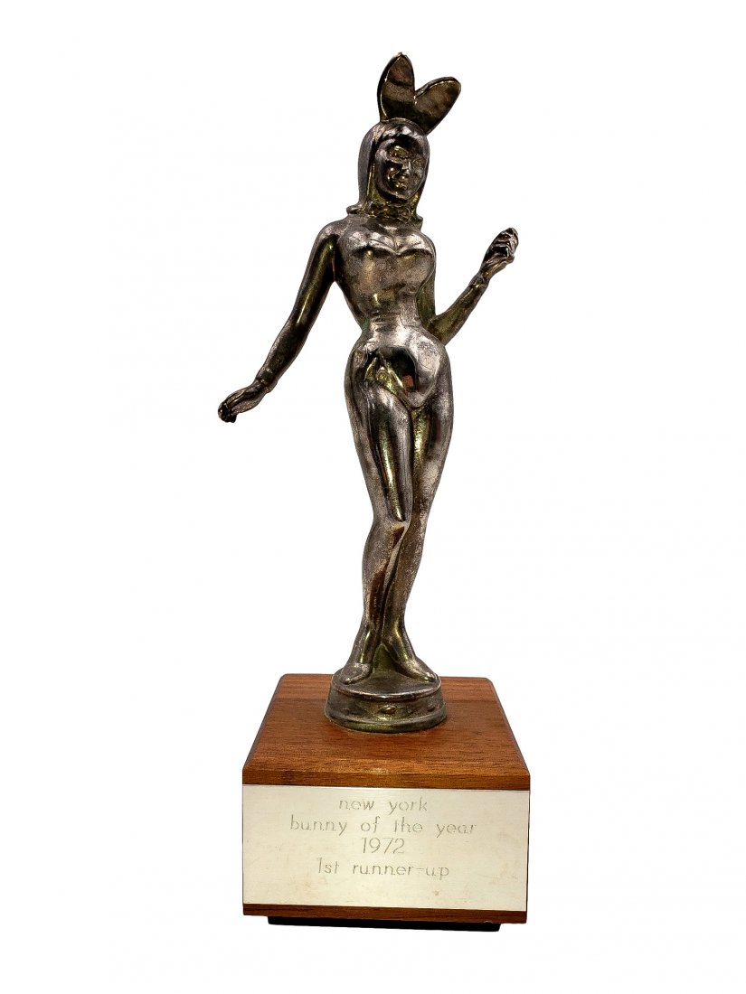 Playboy Bunny of the Year New York 1972 1st Runner Up: Playboy Bunny solid silver colored figure atop a wood cube base with gold tone plaque new york bunny of the year 1972 1st runner up Fine vintage condition.