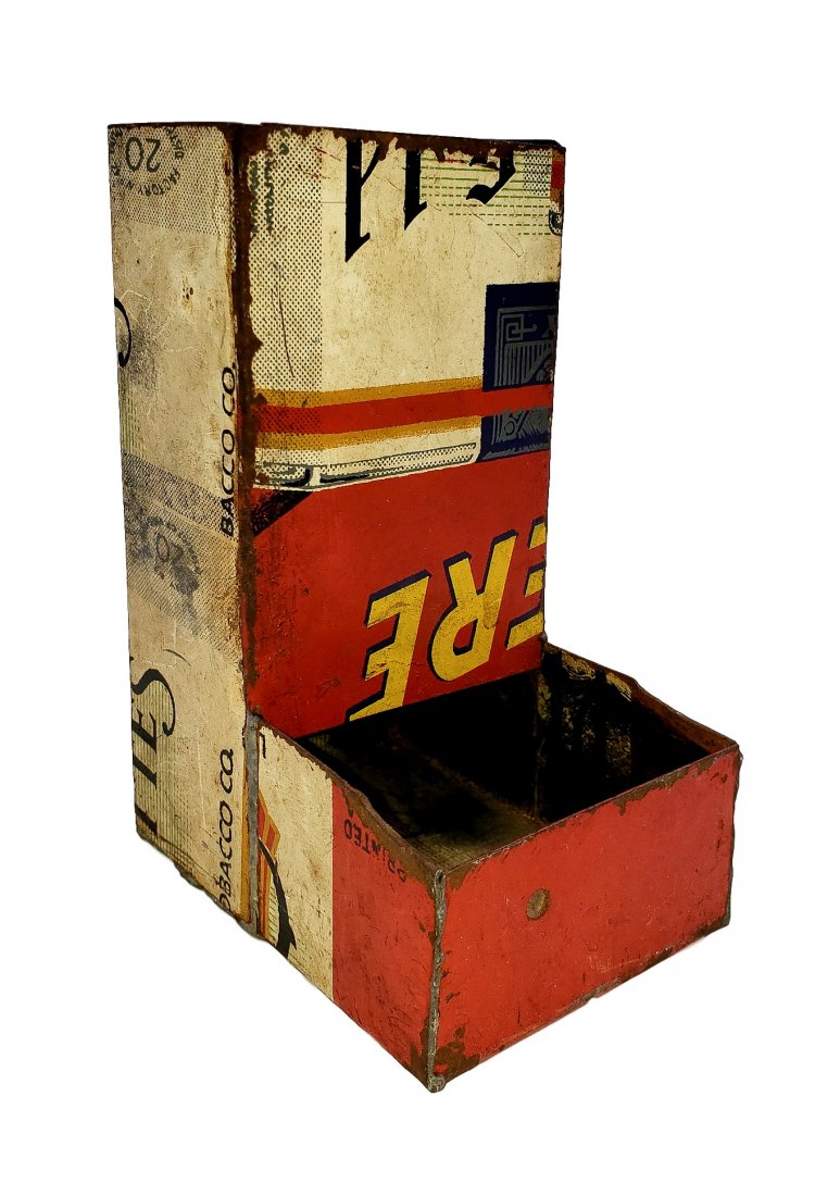 Chesterfield Tobacco Sign Petite Bin: Tin Functional Art - Chesterfield Tobacco Sign Petite Bin -Functional Tramp Art. Gravity feed bin for small items formed from a metal Chesterfield Tabacco metal sign. Heavy patina from use. Size: 6 in