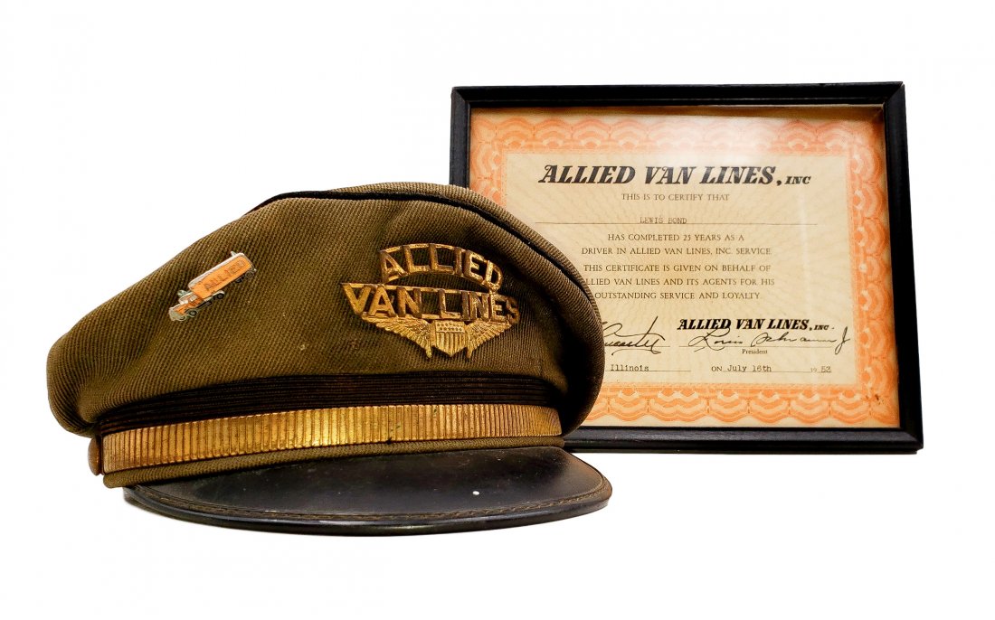 1950s Allied Van Lines Hat, Badge, Pin & Certificate: 1950s Allied Van Lines Drivers Hat with Allied Van Lines metal hat badge. A small enameled Allied tractor trailer pin is attached to the hat. The hat is approximately a 8 1/4 size. The hat is in good 